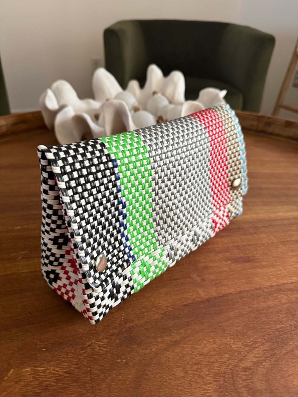 Woven Multicolor Clutch - Black, Green, Gray, Red, Blue